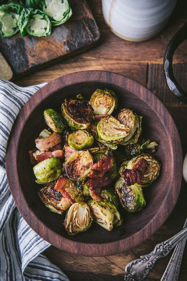 Close overhead shot of oven roasted brussel sprouts with bacon