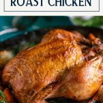 Close up shot of rosemary roasted chicken with text title box at top