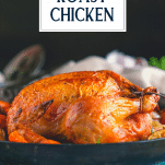 Side shot of simple roast chicken recipe with text title overlay