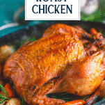 Close up shot of oven roasted chicken with text title overlay