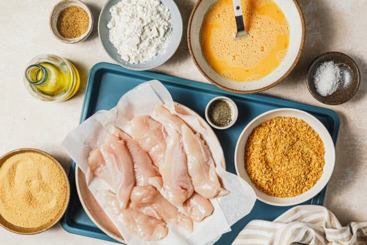 Ingredients for a baked breaded chicken tenders recipe.