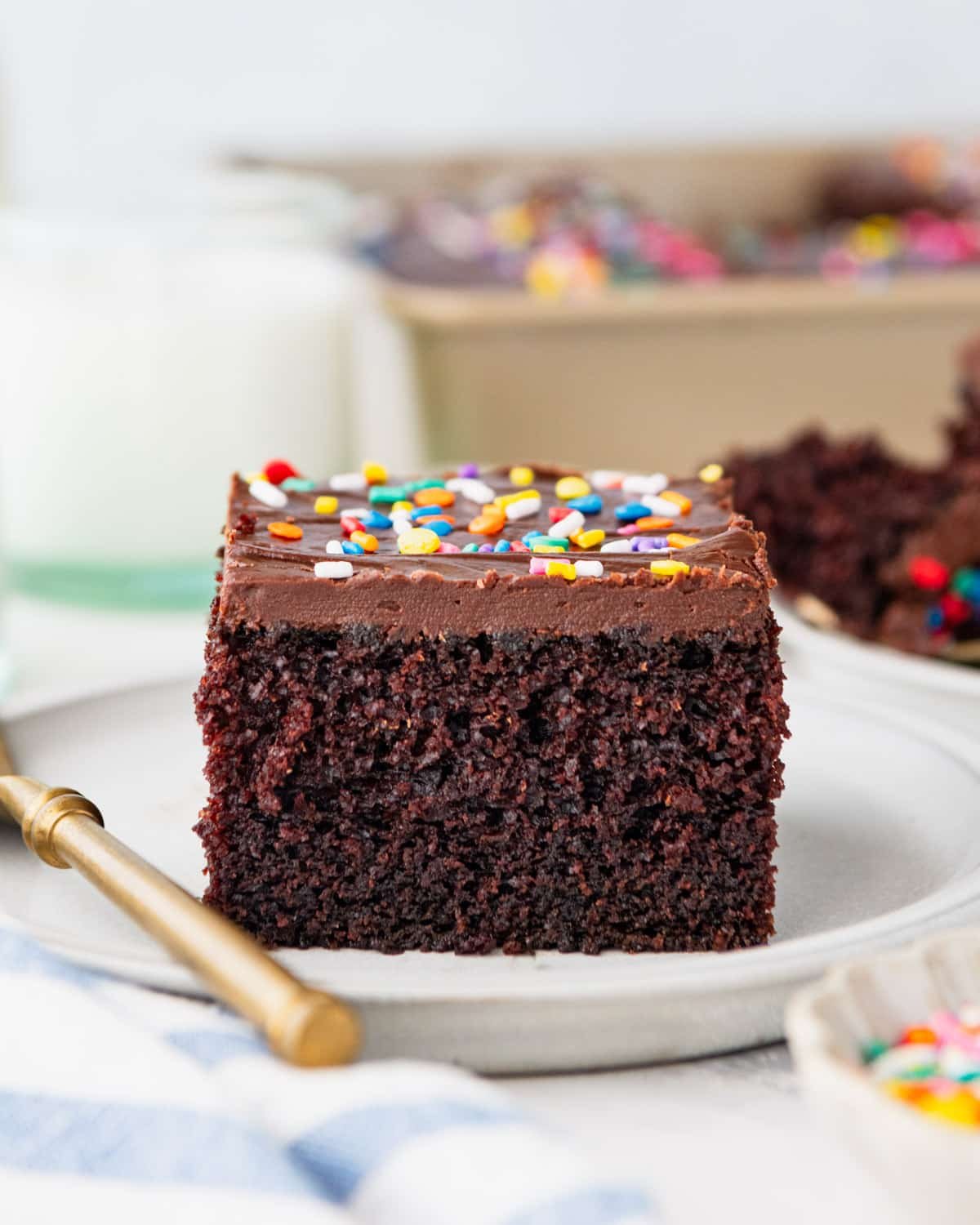 Side shot of a slice of buttermilk chocolate cake on a small plate.