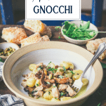 Side shot of a bowl of chicken gnocchi with text title overlay