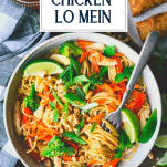 Overhead shot of a bowl of chicken lo mein with text title overlay