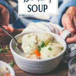 Spoon eating a bowl of chicken and dumpling soup with text title overlay