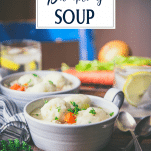 Side shot of bowls of homemade chicken and dumpling soup with text title overlay