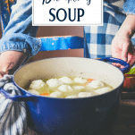 Hands holding a pot of old fashioned chicken and dumpling soup with text title overlay