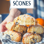 Tray of dried cranberry scones with text title overlay