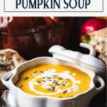 Close up shot of pumpkin soup with text title box at top