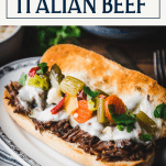 Close up side shot of an Italian roast beef sandwich with text title box at top