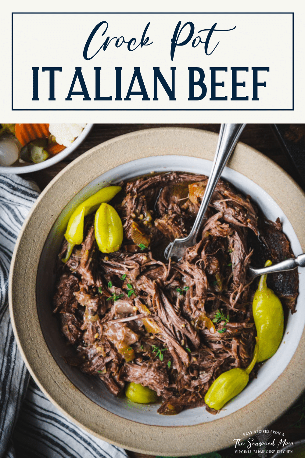 Overhead shot of a bowl of Italian Beef with text title box at top