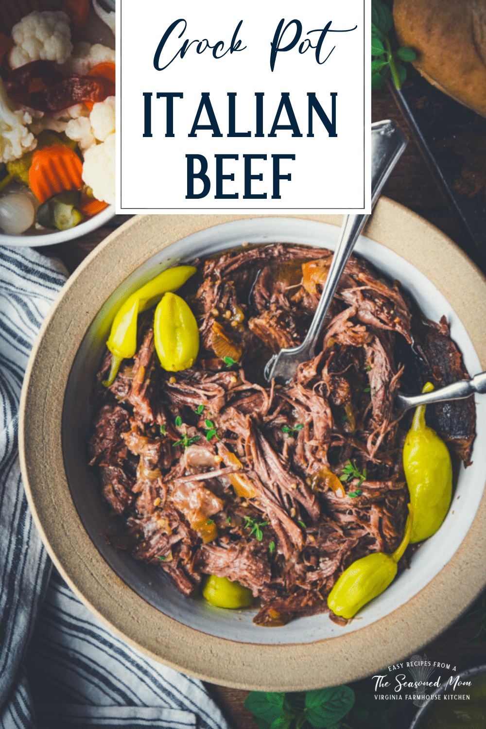 Overhead bowl of shredded Italian beef with text title overlay