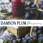 Long collage image of damson plum preserves