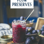 Side shot of a jar of damson plum preserves with text title overlay