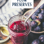 Overhead image of damson plum preserves with text title overlay