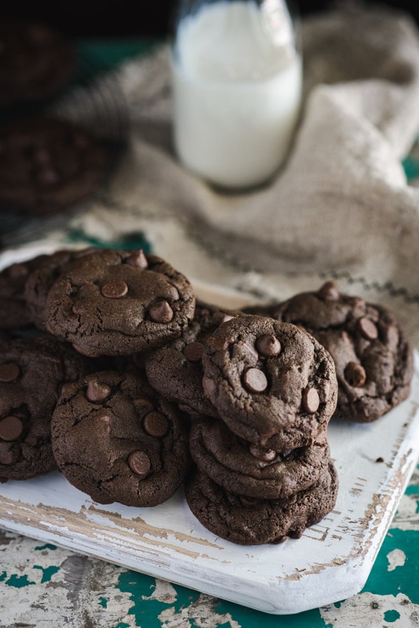 Tray of chewy double chocolate chip cookies