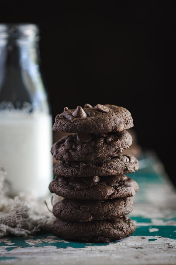 Stack of double chocolate chip cookies on a blue table with a side of milk