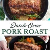 Long collage image of Dutch oven pork roast with gravy.