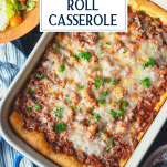 Overhead shot of a dish of Italian sausage crescent roll casserole with text title overlay