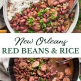 Long collage image of New Orleans red beans and rice recipe.