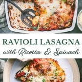 Long collage image of ravioli lasagna with ricotta and spinach.