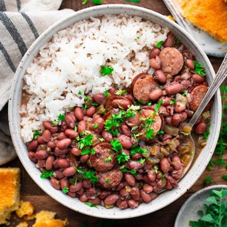 Square overhead shot of a bowl of red beans and rice