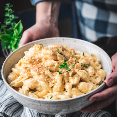 Bowl of shell mac and cheese with toasted breadcrumbs on top