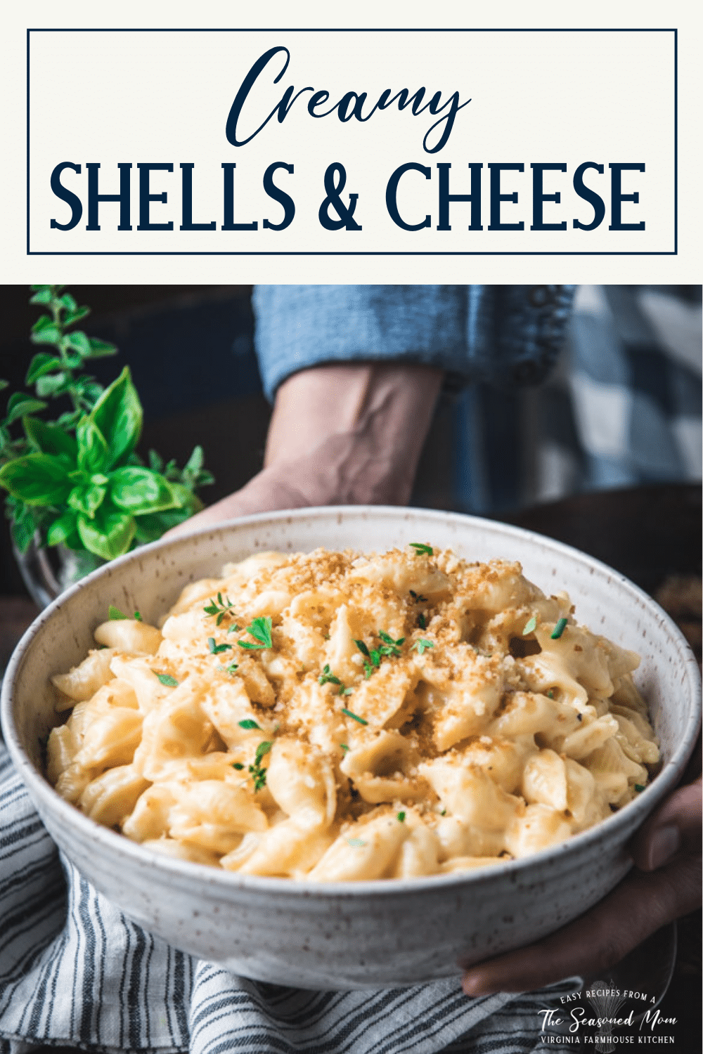 Hands holding a bowl of homemade Velveeta shells and cheese with text title box at top