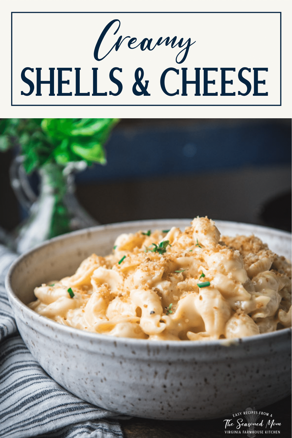 Close up side shot of a bowl of homemade shells and cheese with text title box at top