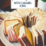 Close up shot of sliced homemade pound cake with text title overlay