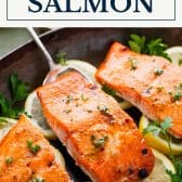 Dijon mustard salmon with text title box at top.