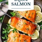 Dijon mustard salmon with text title overlay.
