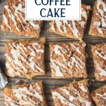 Close overhead shot of apple coffee cake squares with text title overlay