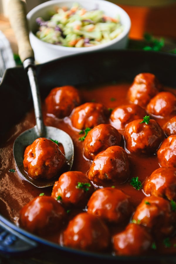 Close up front shot of a pan of homemade meatball recipe with barbecue sauce