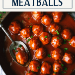 Overhead shot of a pan of bbq meatballs with text title box at top