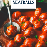 Close up shot of a spoon in a pan of bbq meatballs with text title overlay