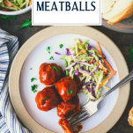 Overhead shot of bbq meatballs on a plate with text title overlay