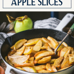 Side shot of healthy baked apple slices with text title box at top