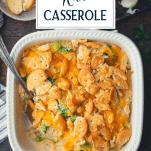 Overhead image of broccoli and rice casserole with text title overlay
