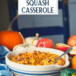 Side shot of butternut squash casserole with text title overlay