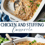 Long collage image of chicken and stuffing casserole
