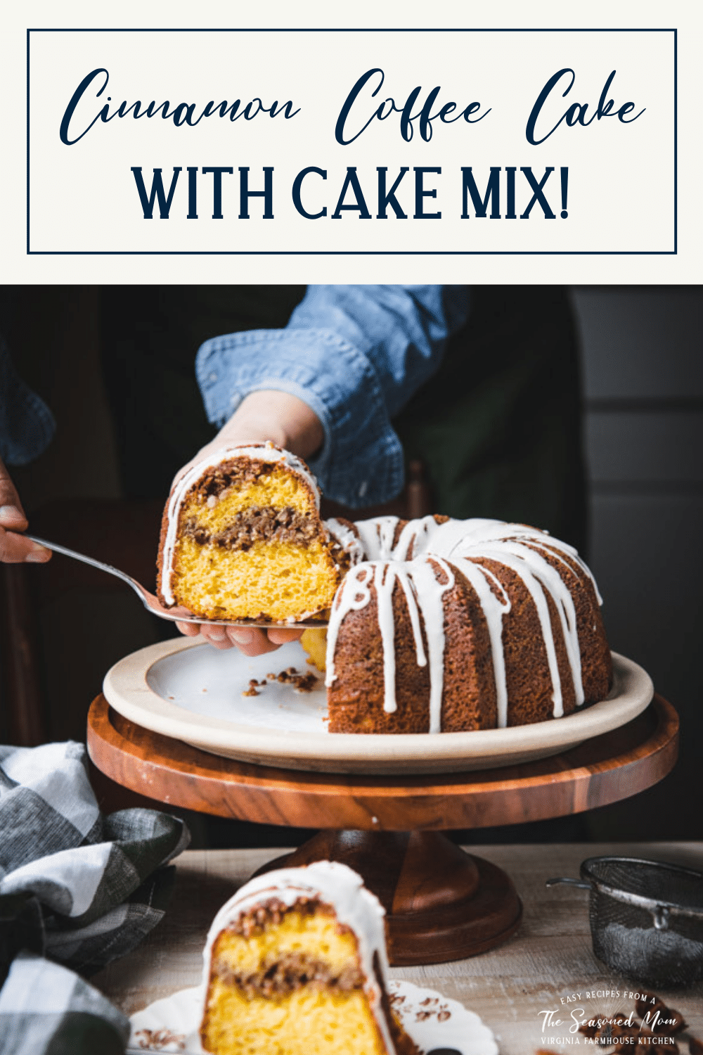 Hands serving a slice of cinnamon coffee cake with cake mix and text title overlay