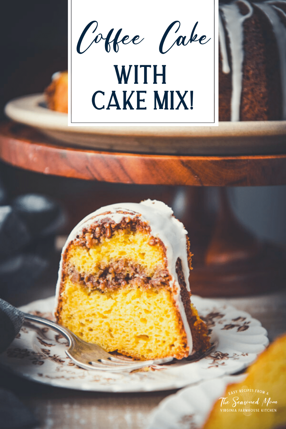 Close up side shot of a slice of cinnamon swirl coffee cake with text title overlay