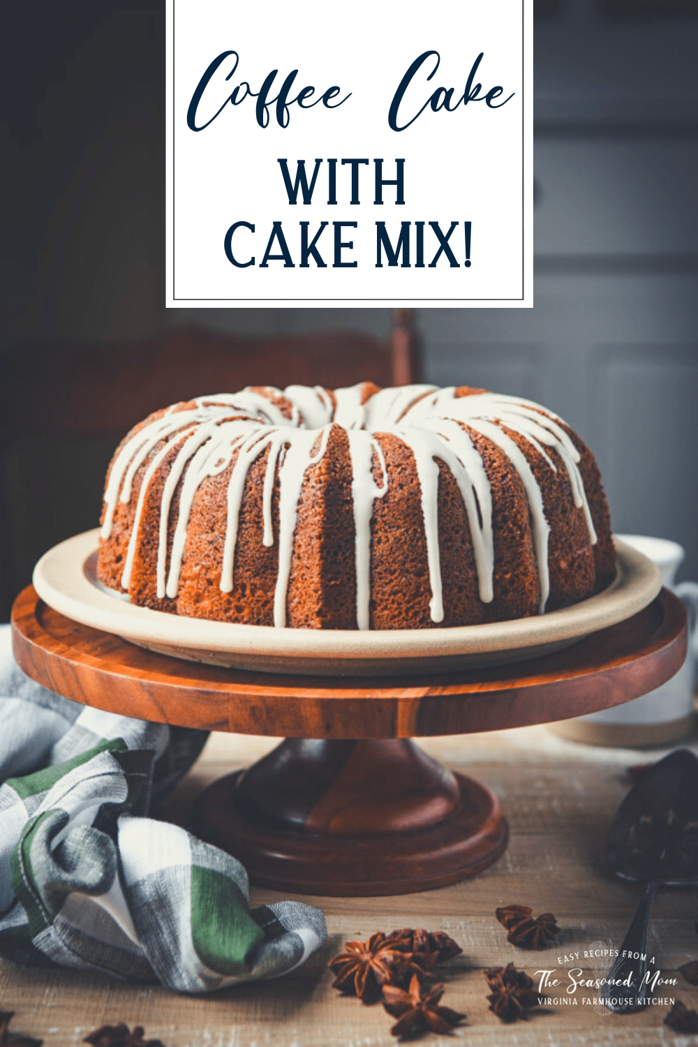 Side shot of a cinnamon streusel coffee cake with text title overlay