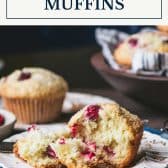 Cranberry muffins with text title box at top.