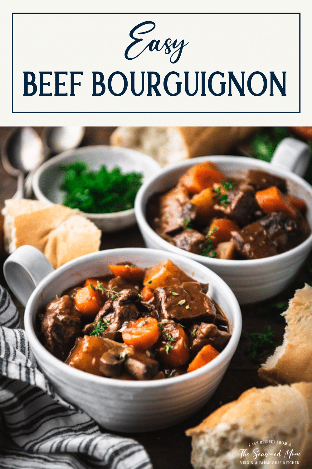Side shot of bowls of beef burgundy with text title box at top