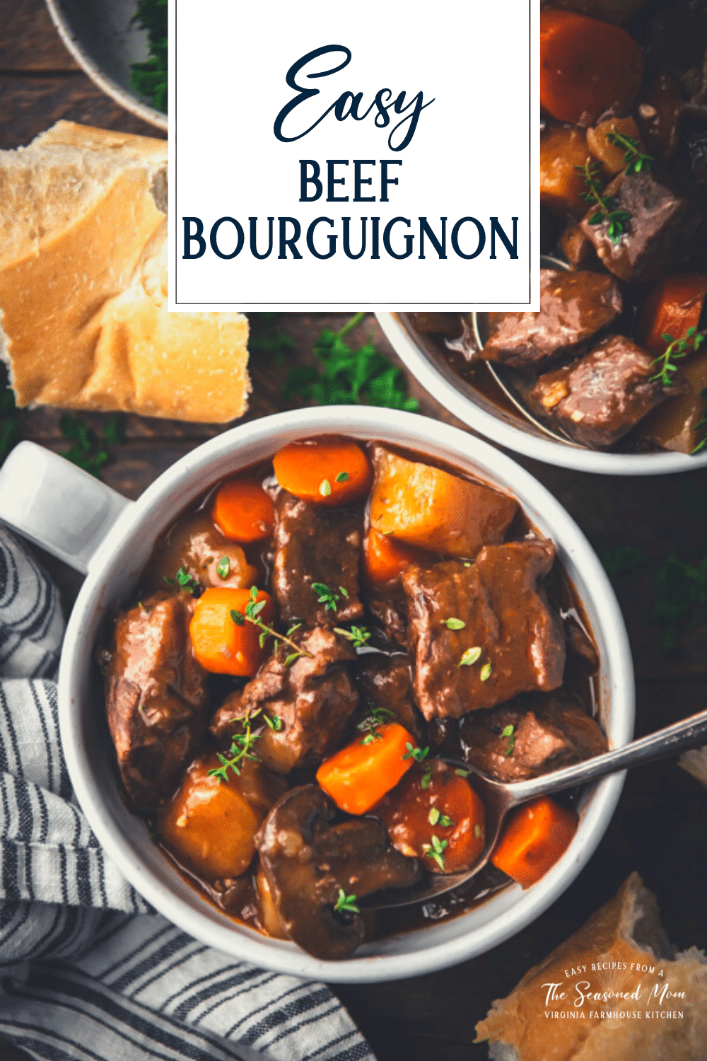 Close overhead shot of easy beef bourguignon on a table with text title overlay