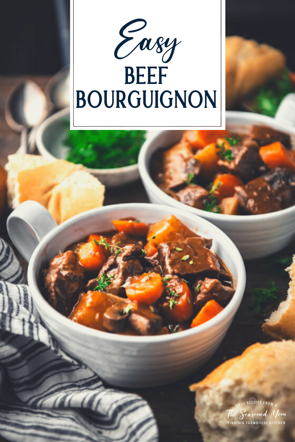 Bowl of beef bourguignon on a table with text title overlay