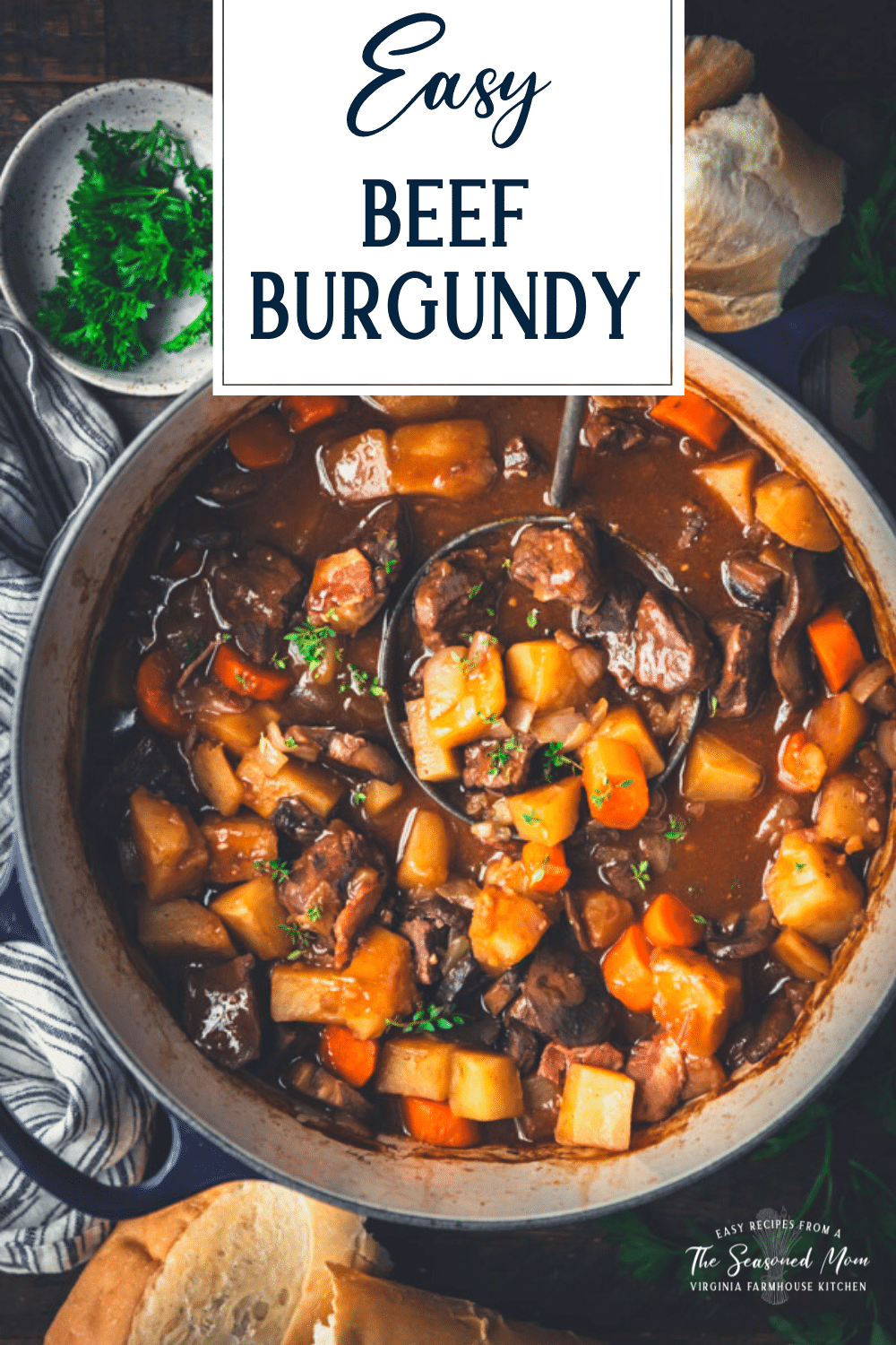 Overhead shot of a pot of beef burgundy with text title overlay