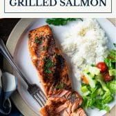 Delicious grilled salmon recipe with text title box at top